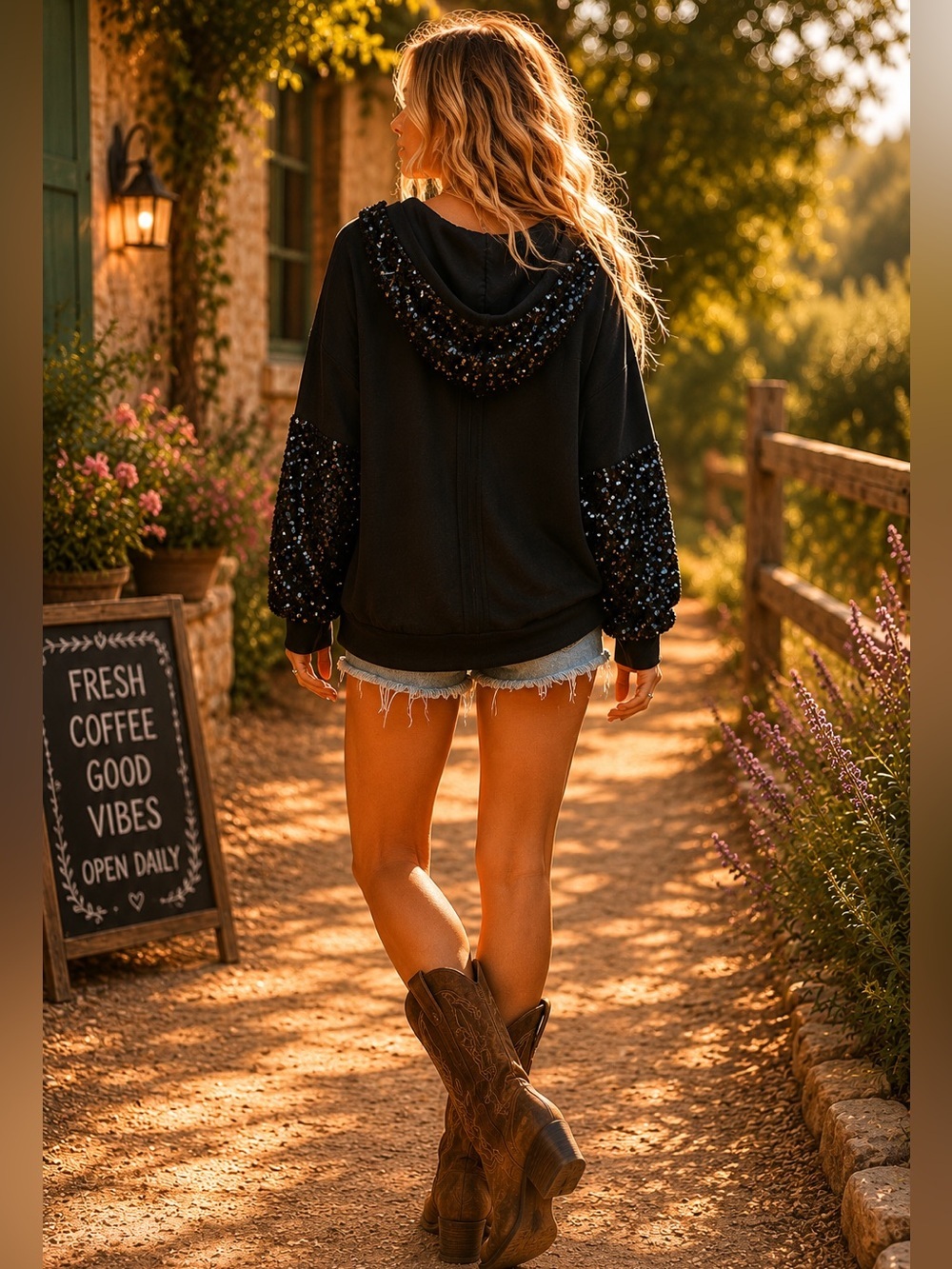 Umgee Large Black Hoodie with Sequin Sleeves and Hood - Picture 2 of 4
